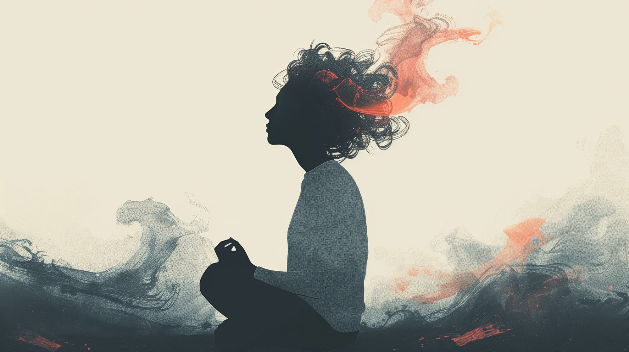 Silhouette assise en tailleur, la tête auréolée de volutes de fumée grise et orangée, dans une posture de méditation